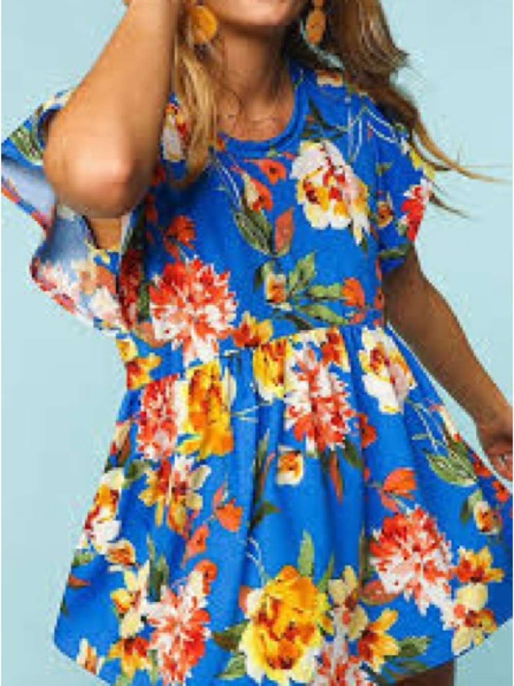 Blue Floral Ruffle-Sleeve Peplum Top
